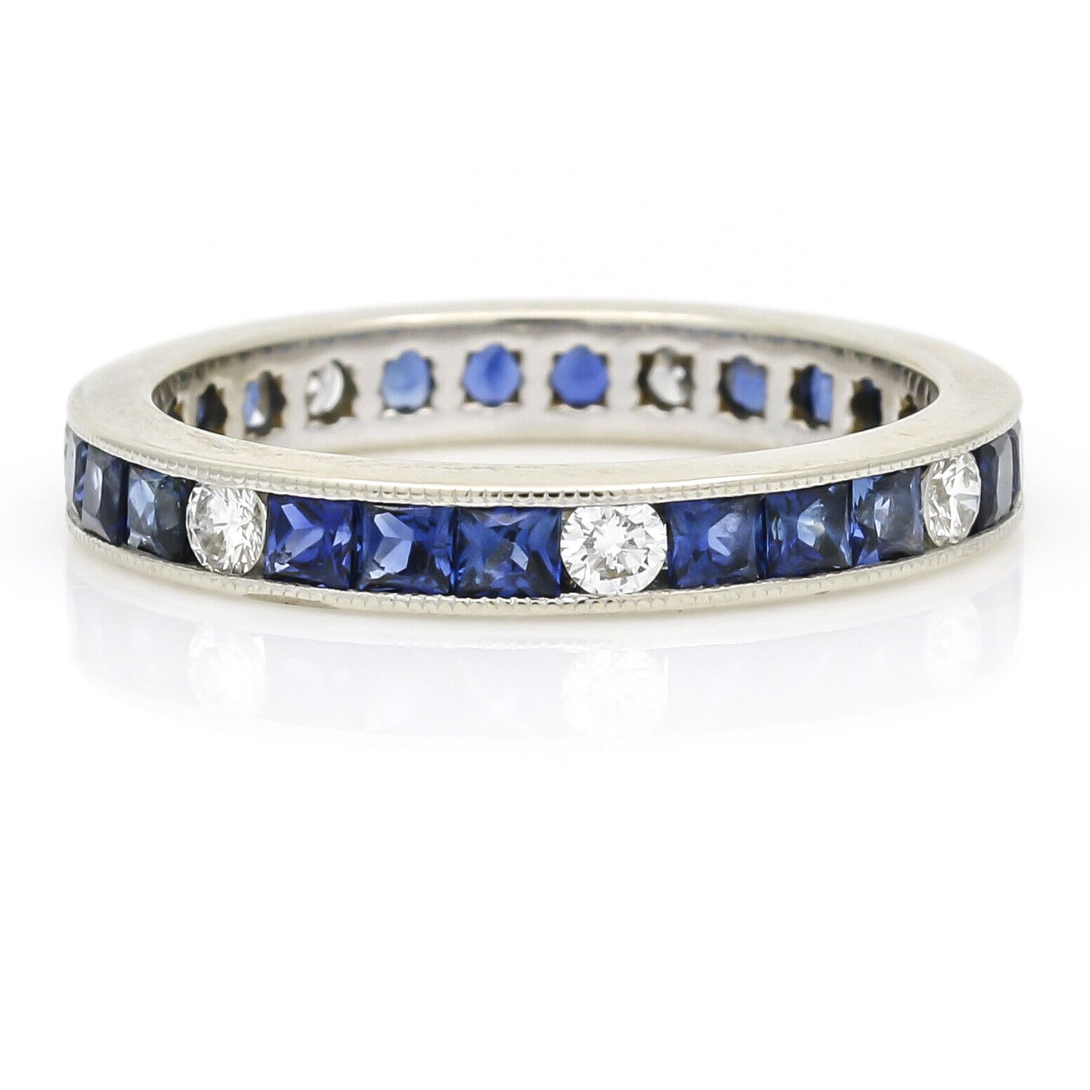 Women's Blue Sapphire Diamond Channel Set Anniversary Band 18k White Gold Ring