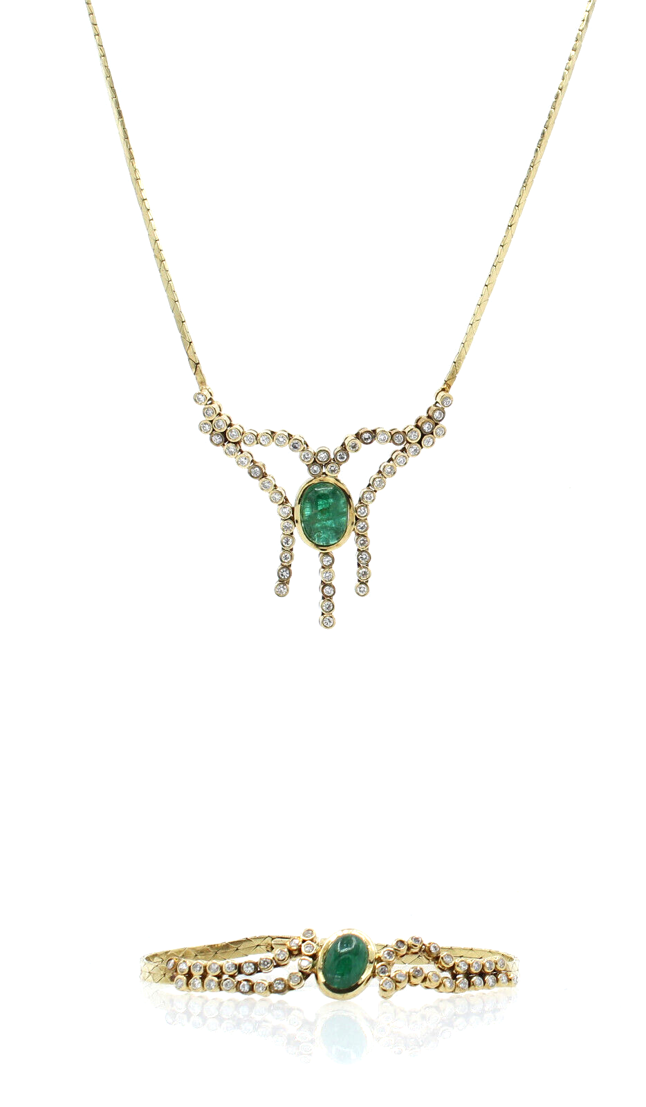 Fine Estate 14k Yellow Gold Emerald Diamond Necklace Bracelet Set