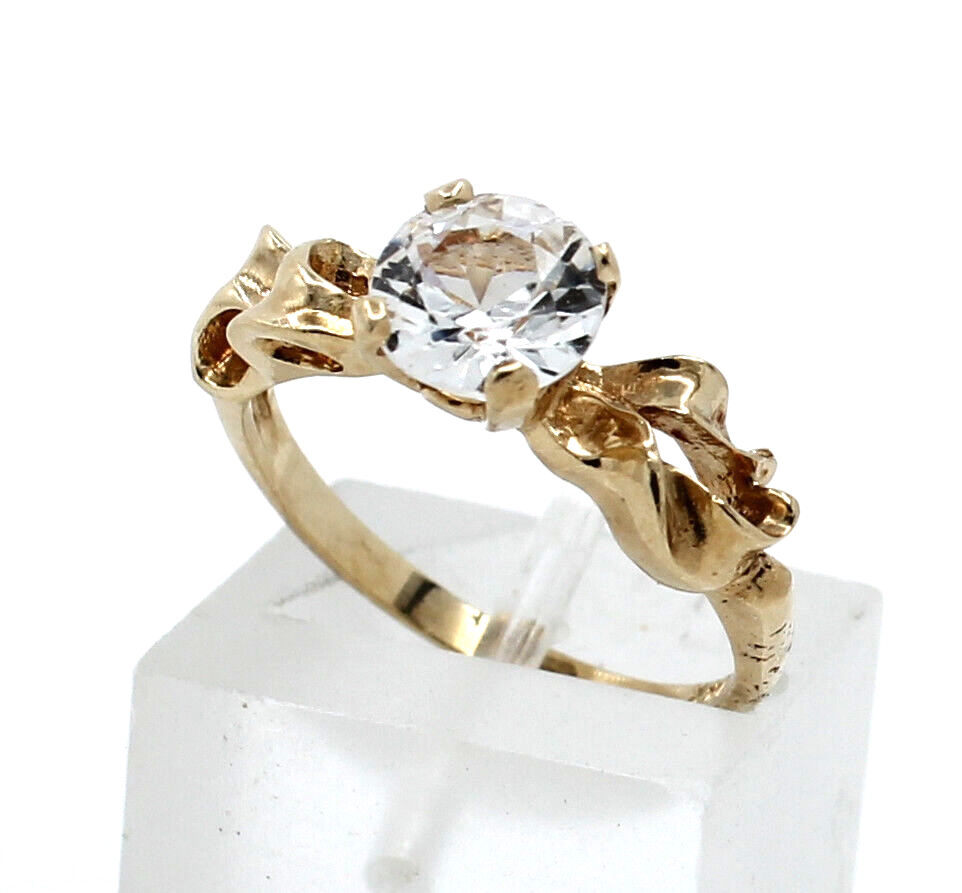 14k Yellow Gold Solitaire w Accents CZ Ladies Ring