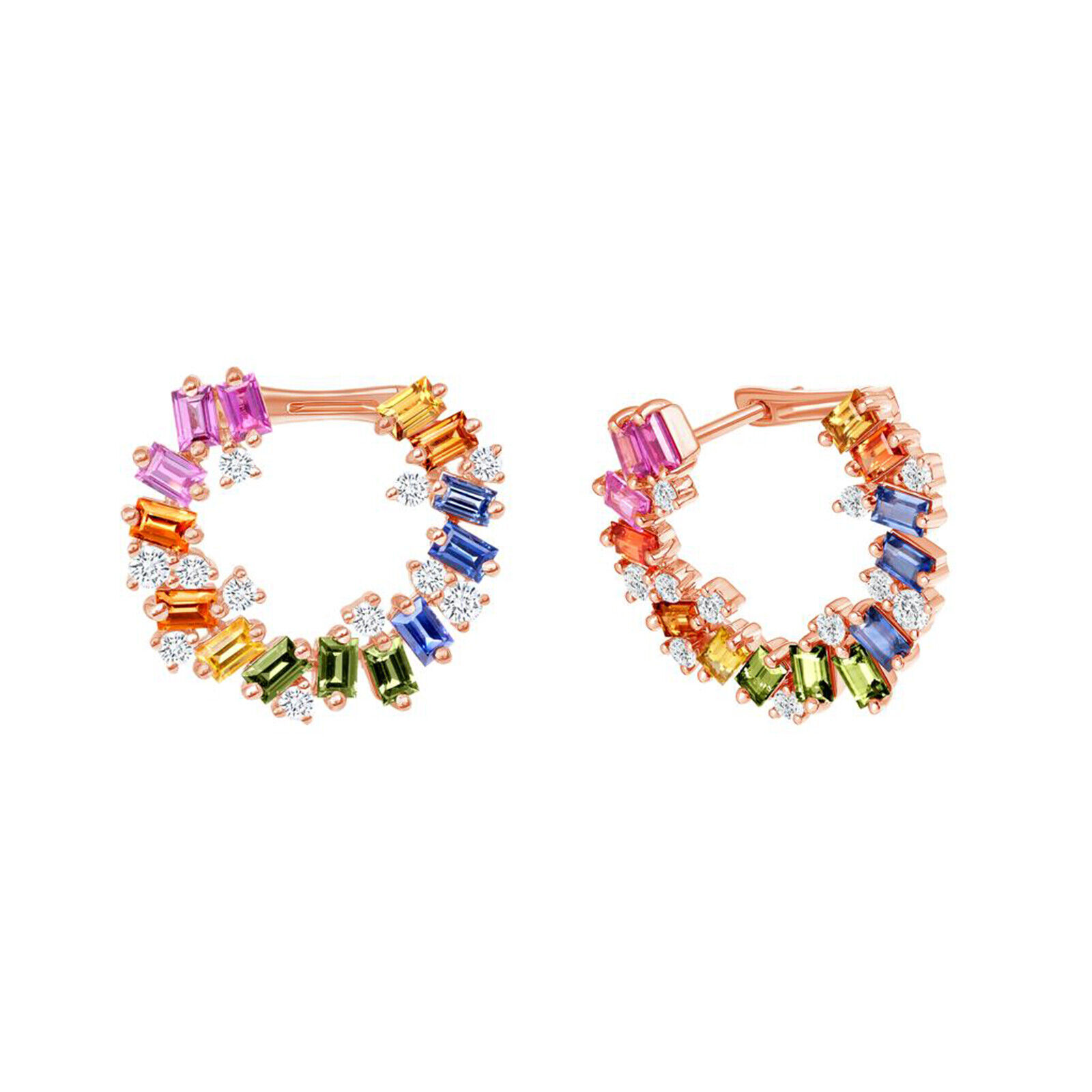 2.70 CT Multi Color Sapphire 0.50 CT Diamonds 14K Rose Gold Hoop Earrings
