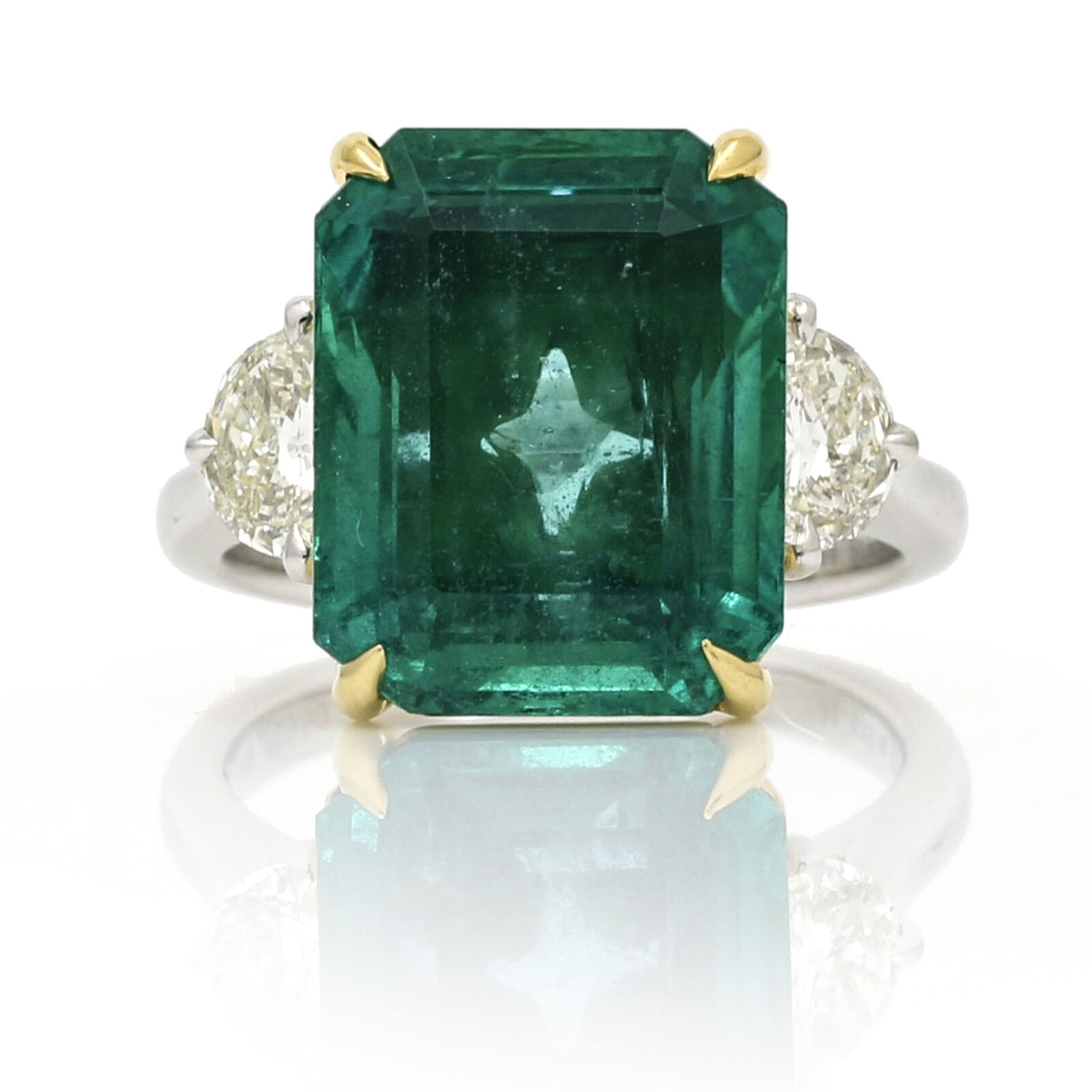 Emerald Diamond Statement Ring in 18k Yellow Gold  and Platinum