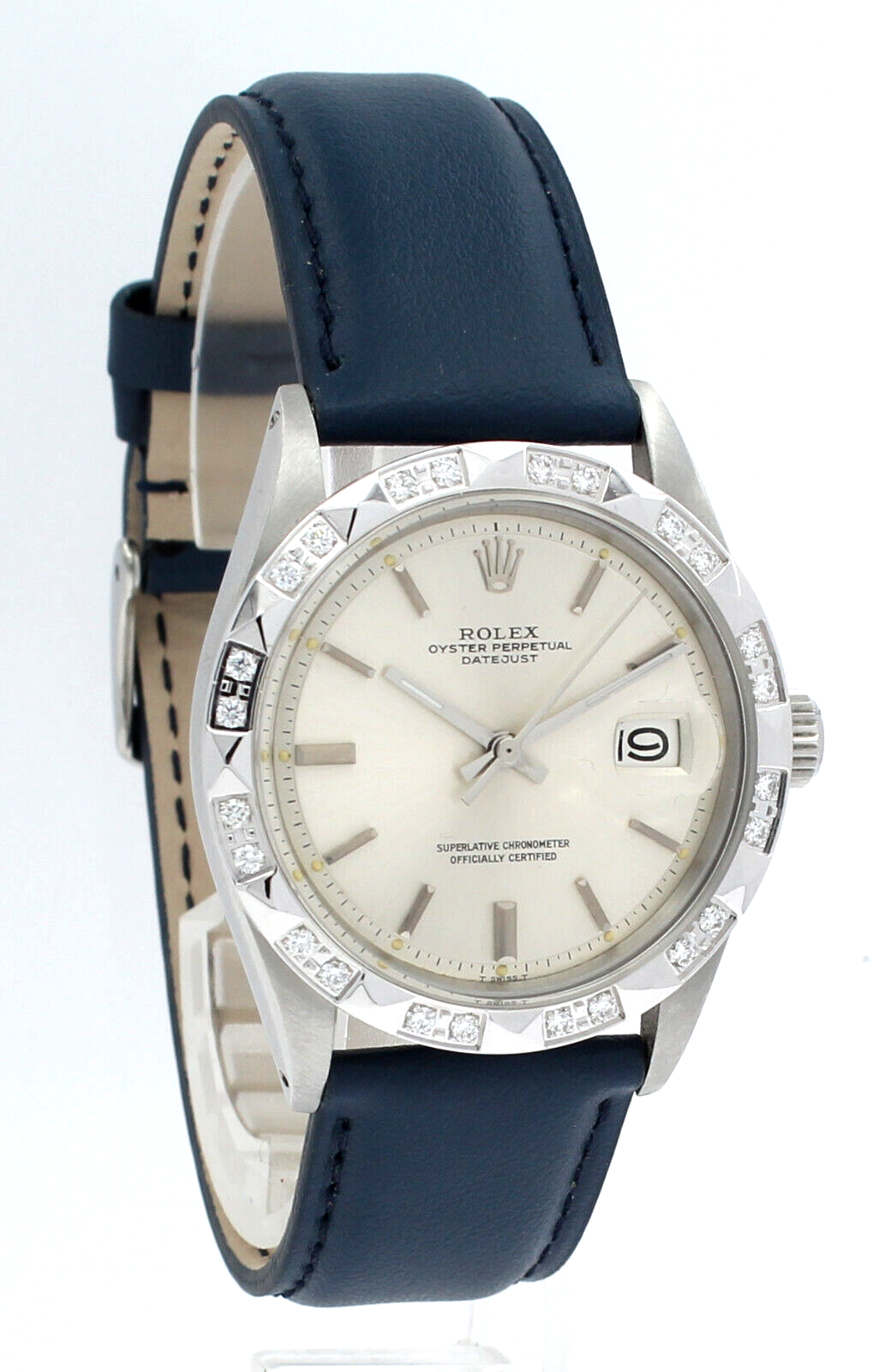Men Vintage ROLEX Oyster Perpetual Datejust 36mm Silver Dial Diamond White Gold