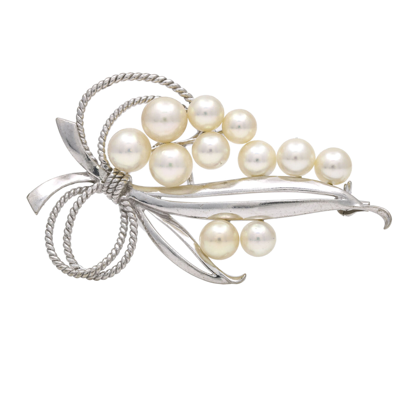 Mikimoto Akoya Pearl Bow Brooch in 14k White Gold