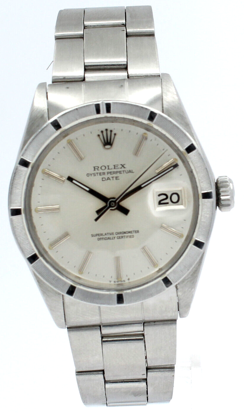 Mens Vintage Rolex Oyster Perpetual Date Stainless Steel Silver Dial Watch