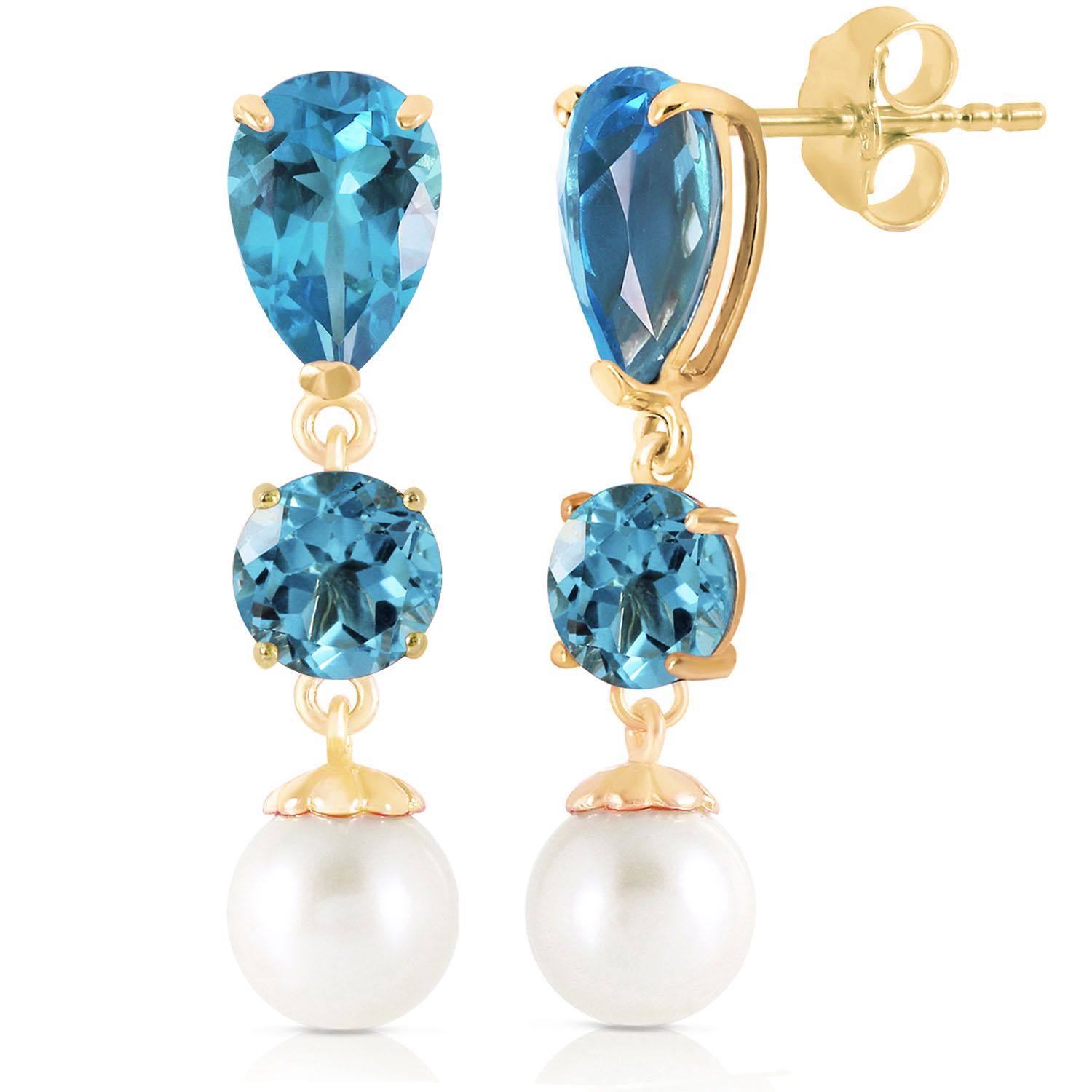 10.5 CTW 14K Solid Gold La Vie Blue Topaz Cultured Pearl Earrings