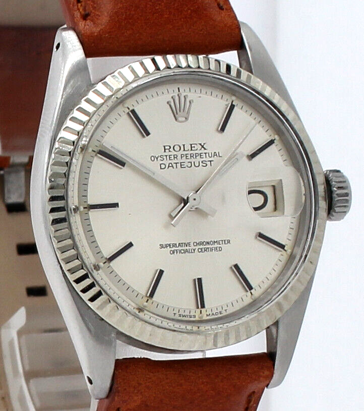 Vintage ROLEX Oyster Perpetual Datejust 36mm Silver Dial White Gold and Steel