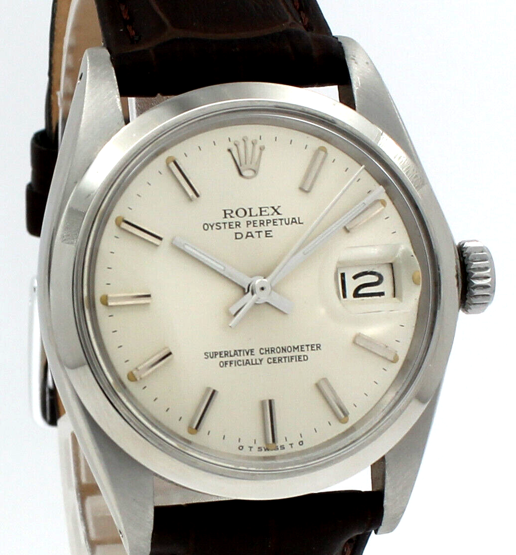Mens VINTAGE Rolex Oyster Perpetual Date Stainless Steel Silver Dial 34mm Watch