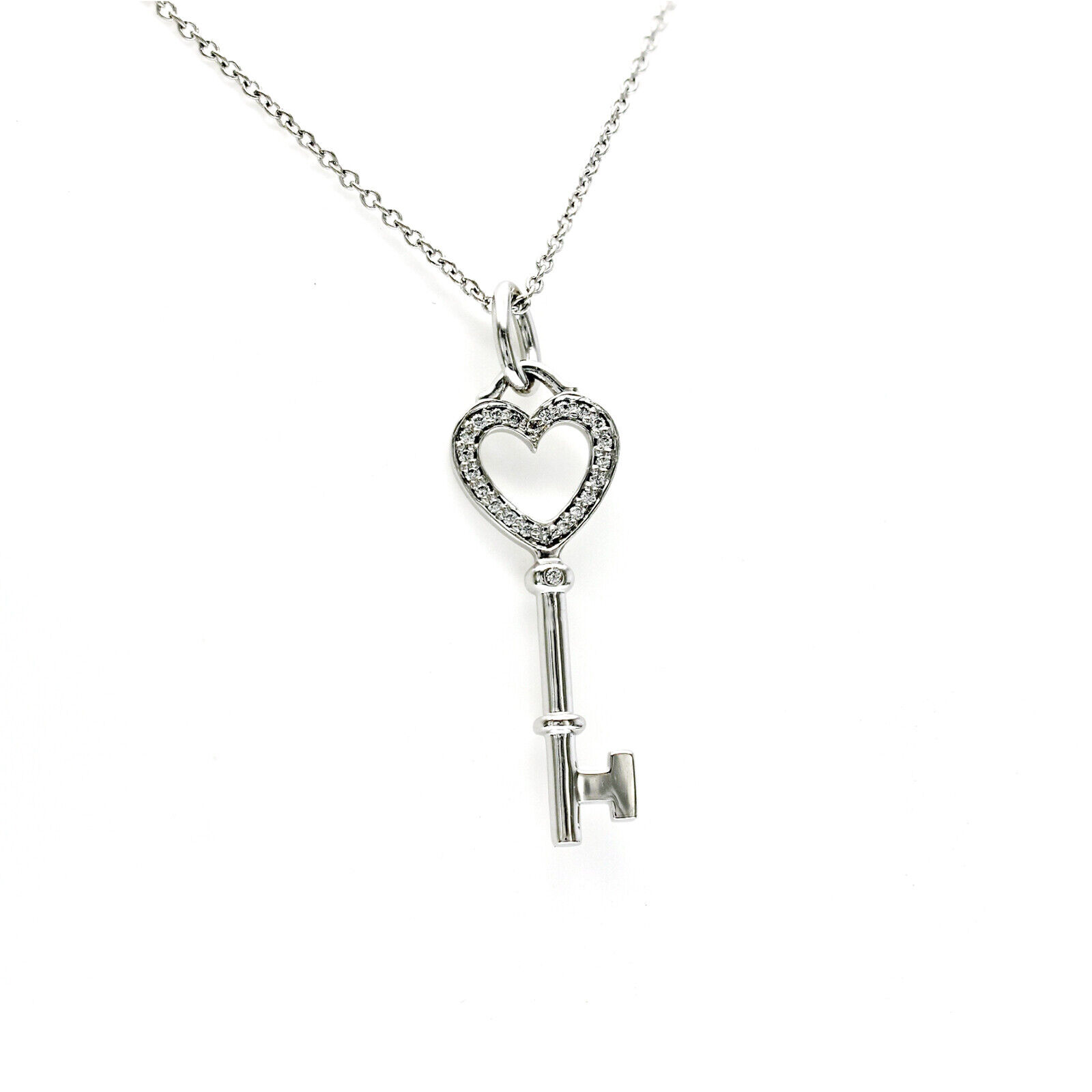Au TIFFANY  CO 18K White Gold Diamond Heart Key Mini Pendant Necklace Size 18"