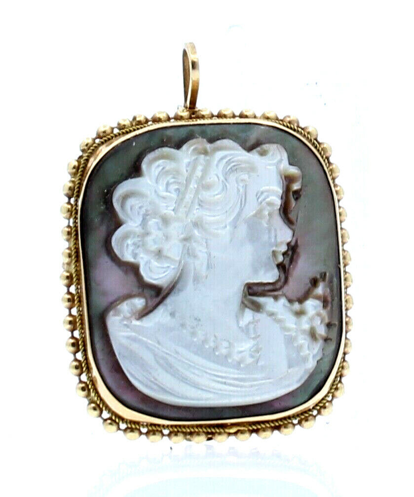 VINTAGE 14K YELLOW GOLD MOTHER OF PEARL CAMEO BROOCH PIN PENDANT