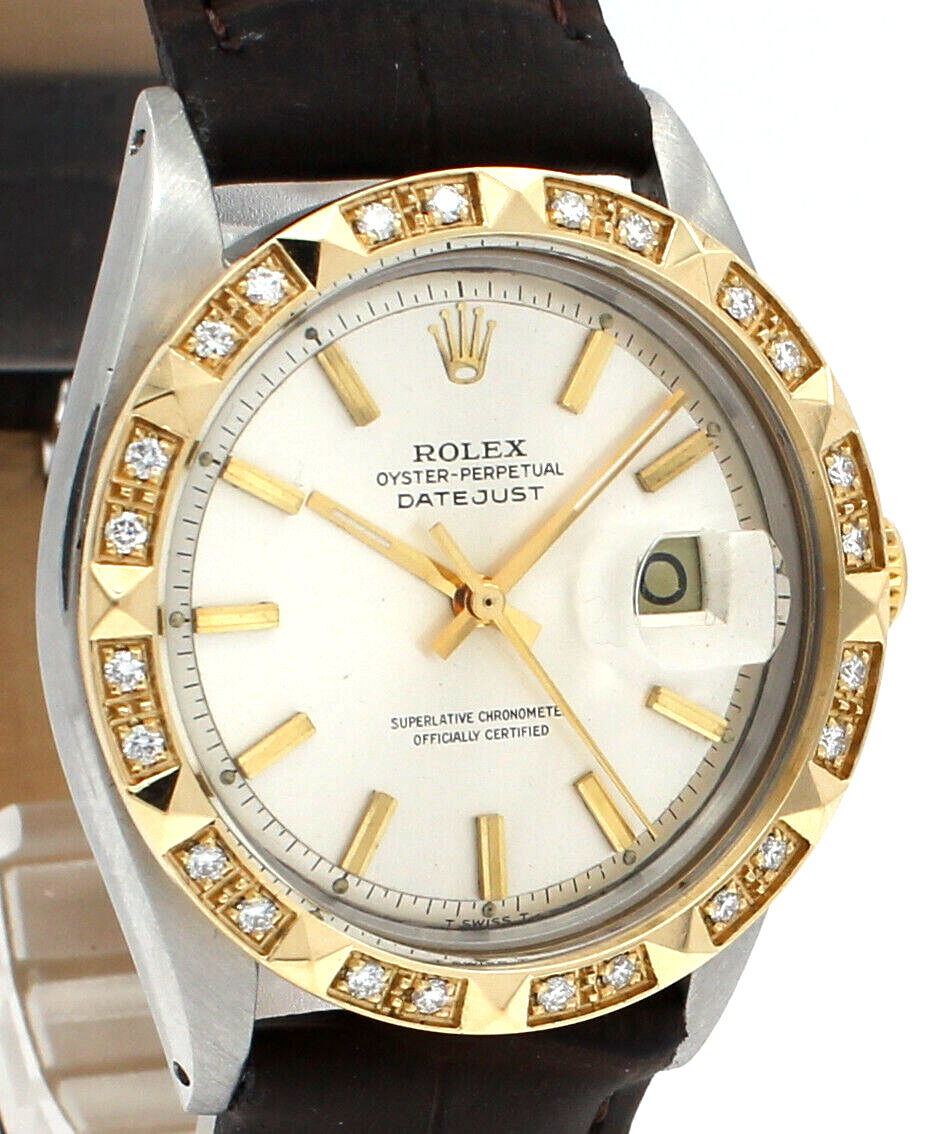 Men ROLEX Oyster Perpetual Datejust 36mm Silver Stick Dial  Pyramid Diamond Beze