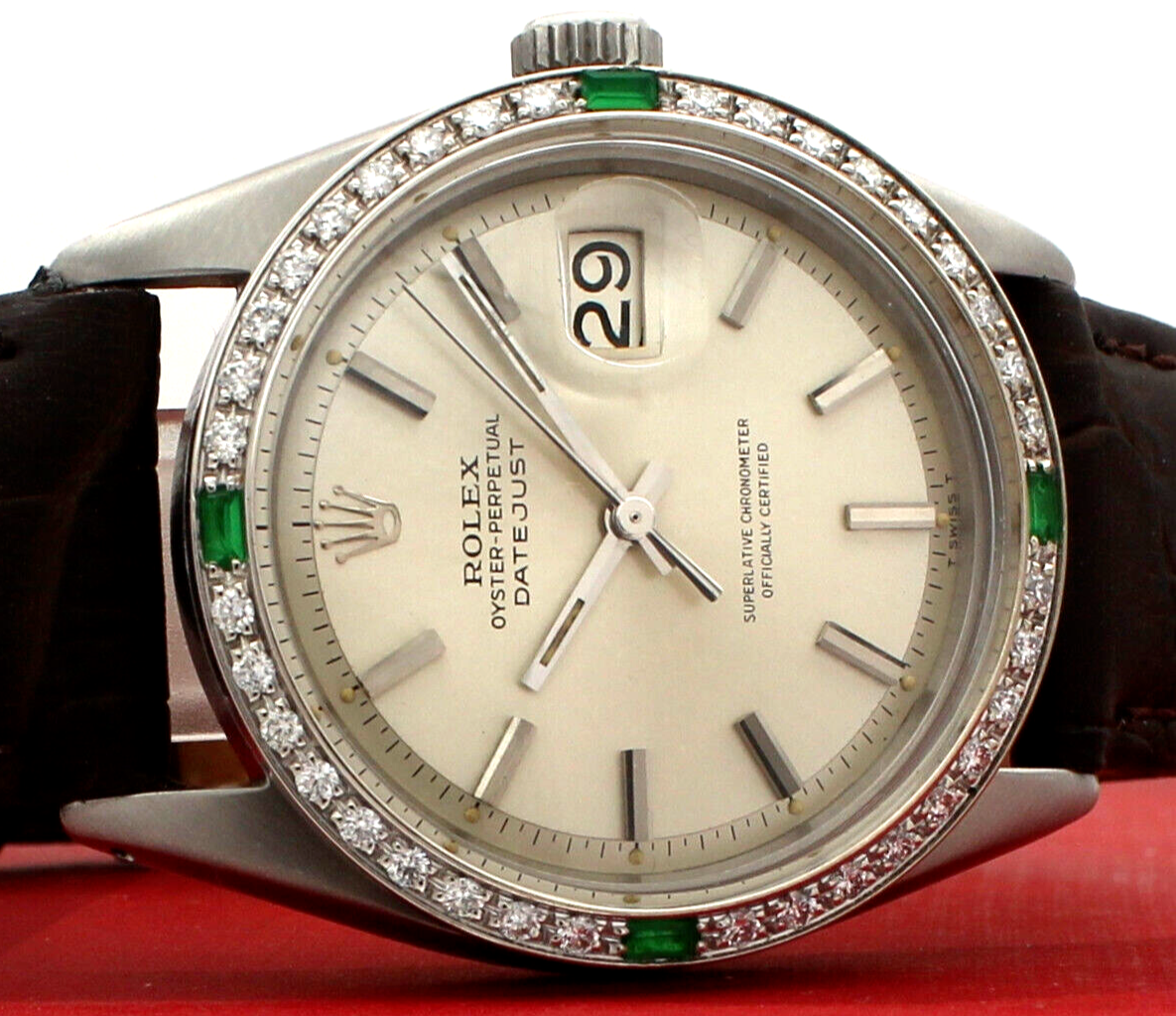Mens Rolex Oyster Perpetual Datejust Stainless White Gold Diamonds Green 36mm