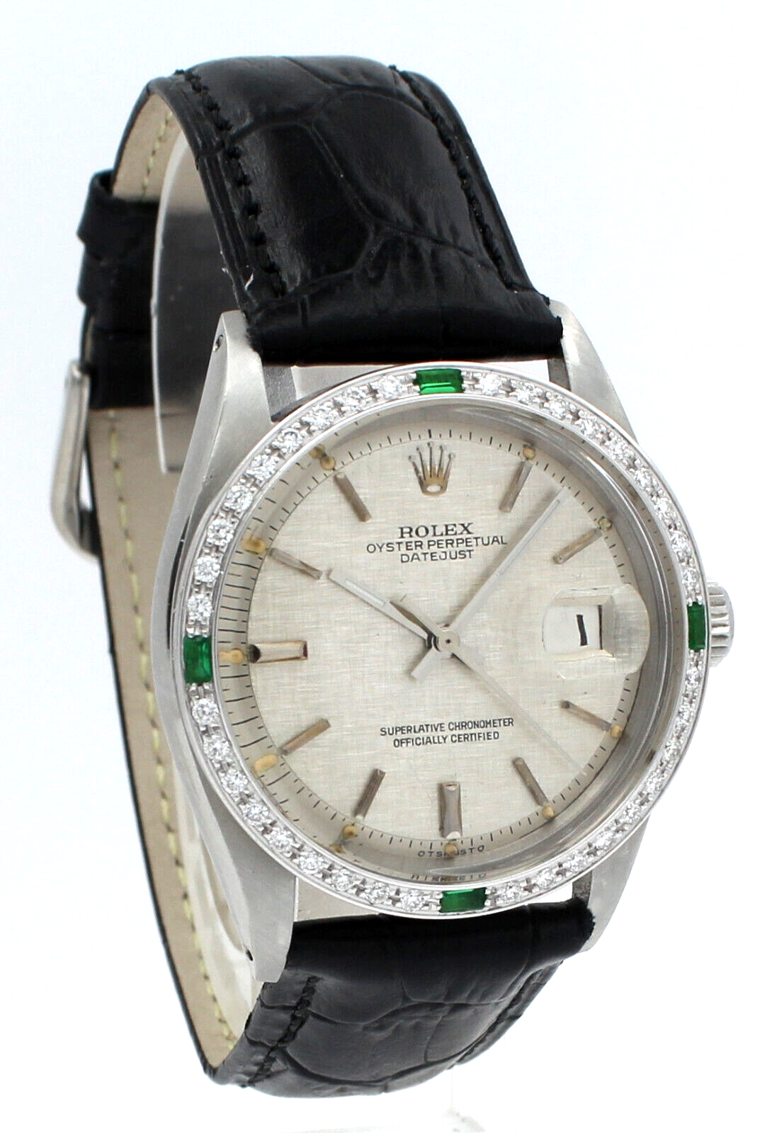 Mens Rolex Oyster Perpetual Datejust Stainless White Gold Diamonds Green 36mm
