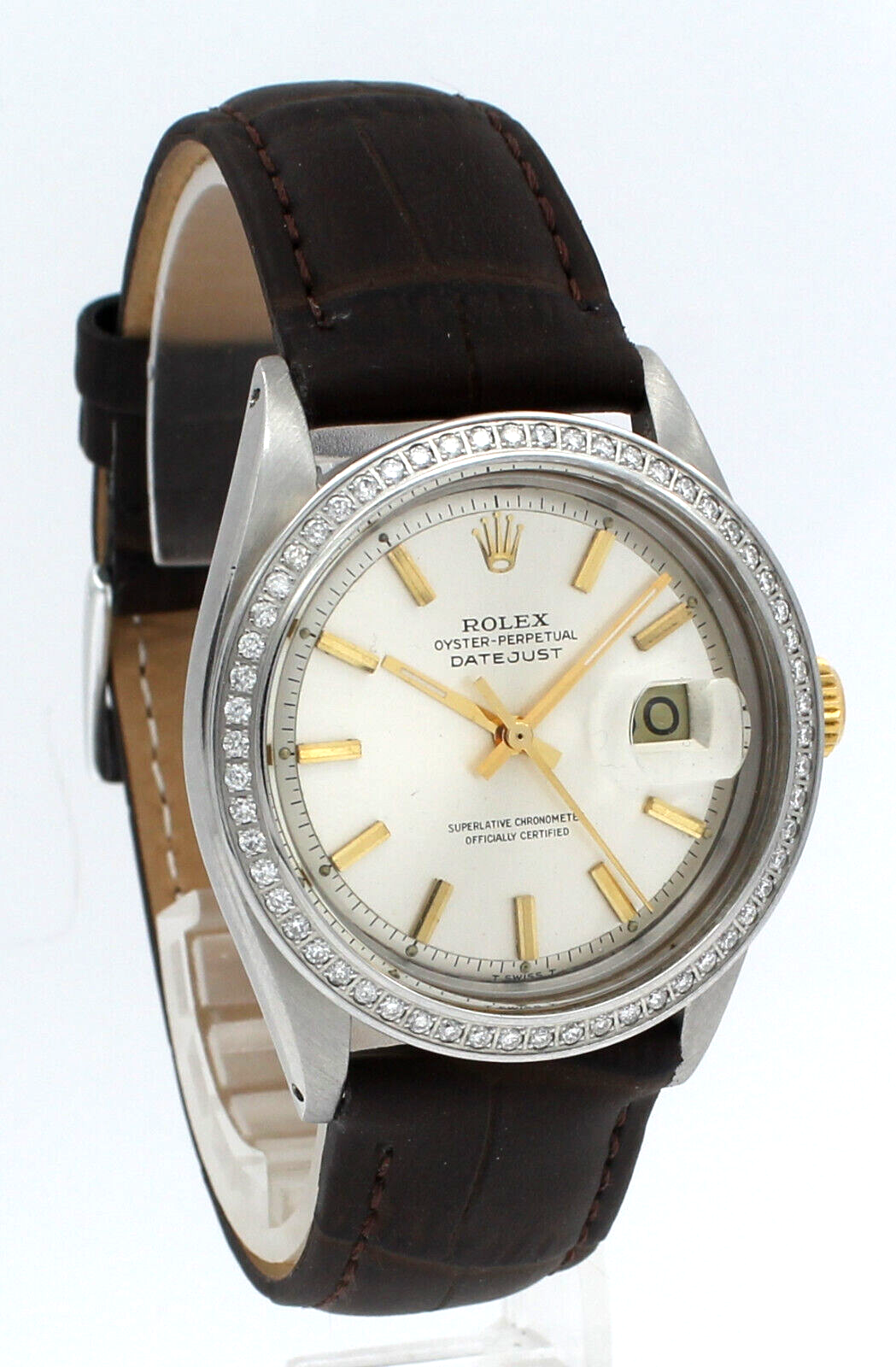 Mens ROLEX Oyster Perpetual Datejust 36mm Silver Stick Dial  Diamond Watch