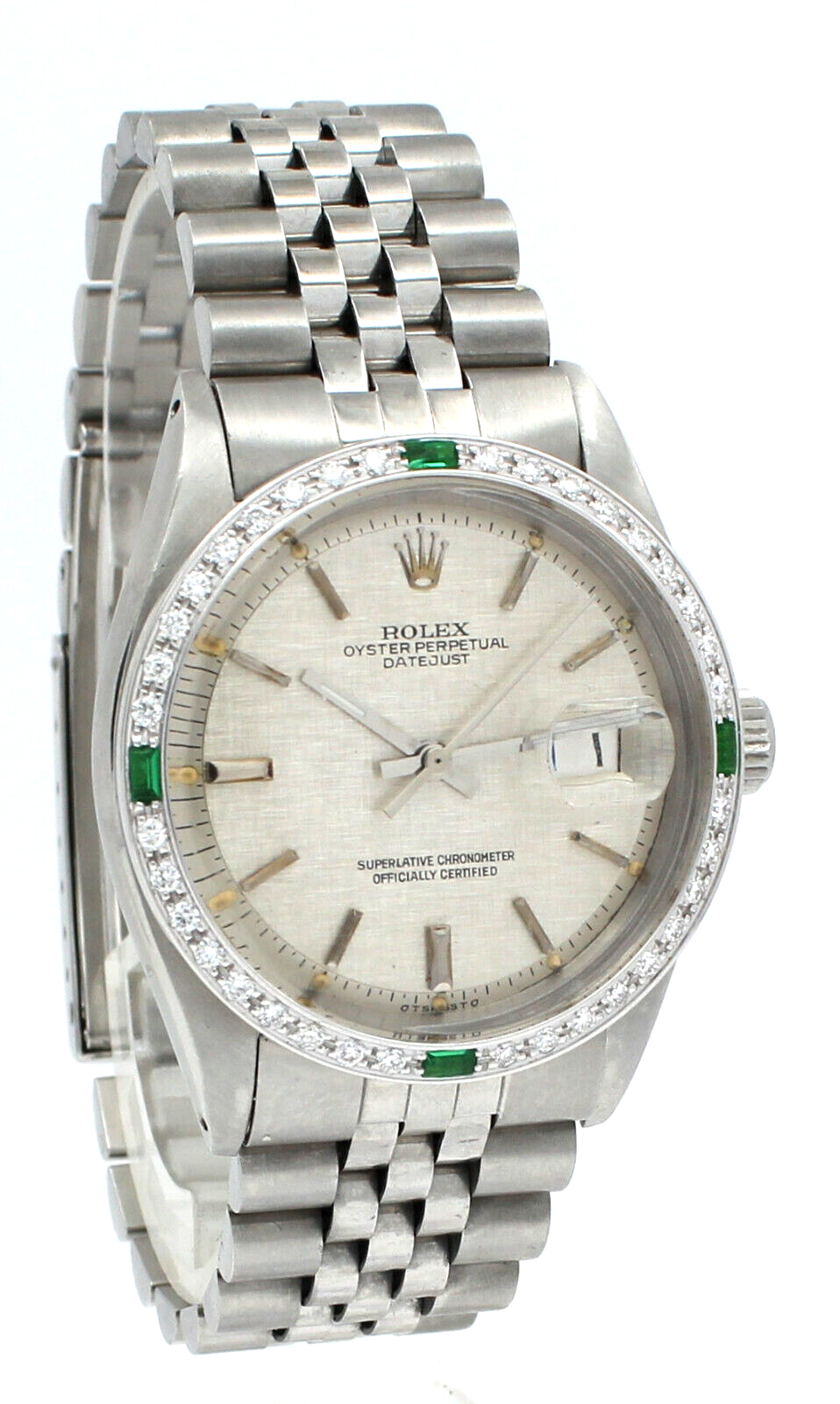 Men Vintage ROLEX Oyster Perpetual Datejust 36mm Silver Linen Dial Diamond Watch