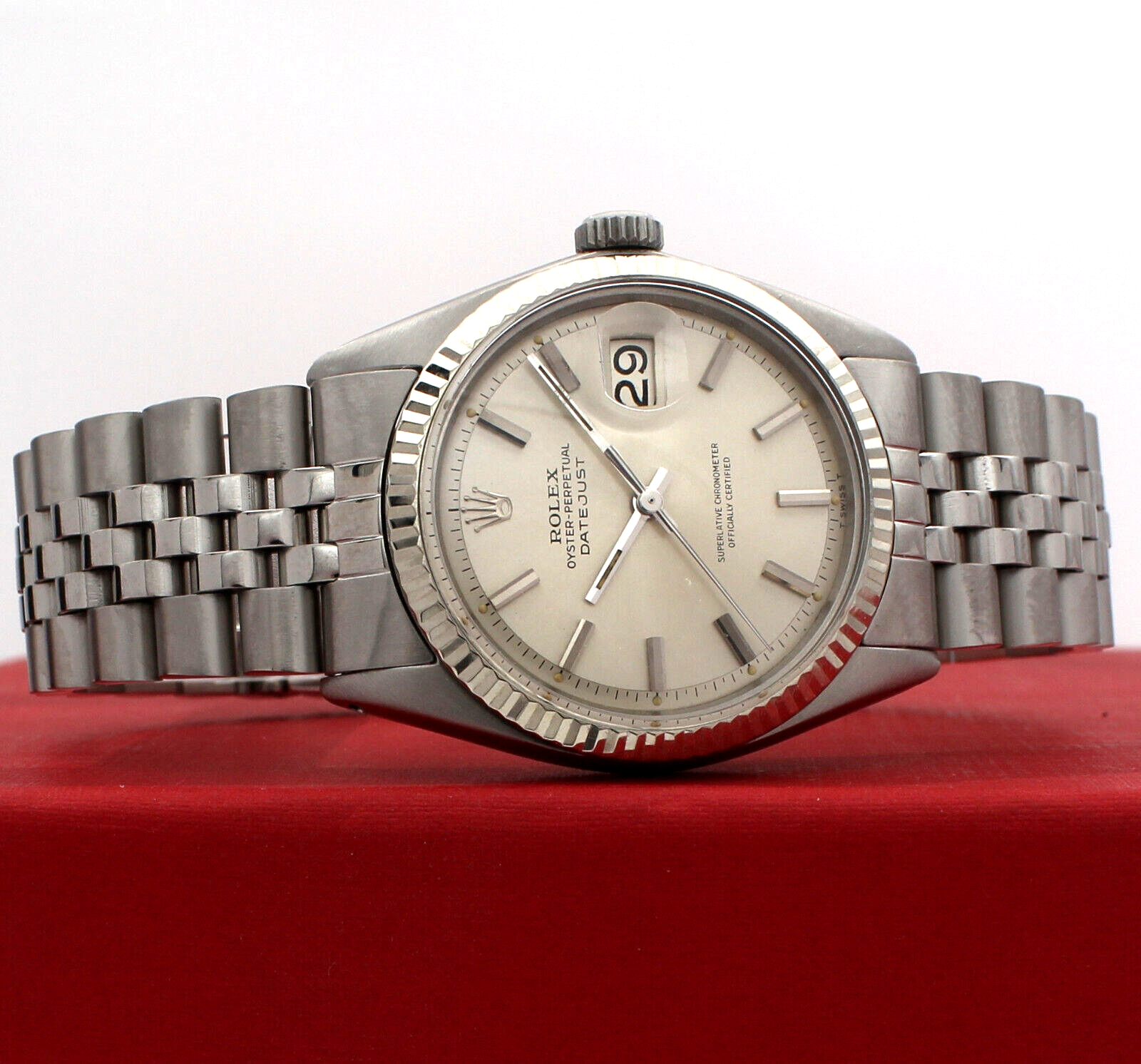 Mens Vintage ROLEX Oyster Perpetual Datejust 36mm Silver Dial White Gold Steel
