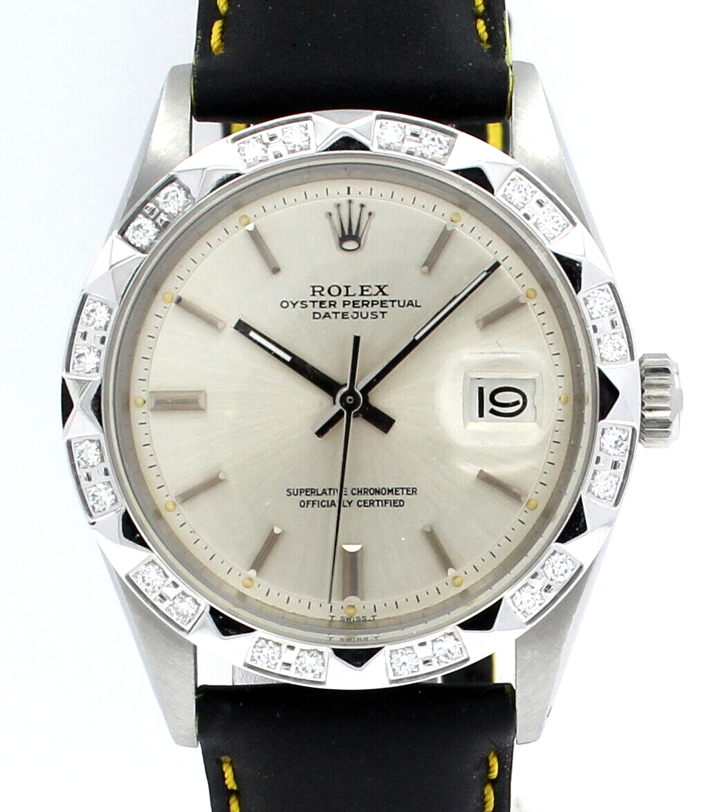 Mens Vintage ROLEX Oyster Perpetual Datejust 36mm Silver Dial Yellow Strap Watch