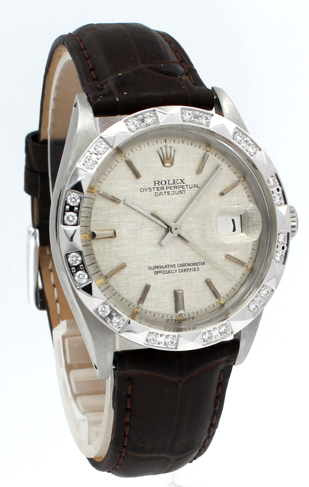 Mens Rolex Oyster Perpetual Datejust Stainless White Gold Diamonds 36mm Linen
