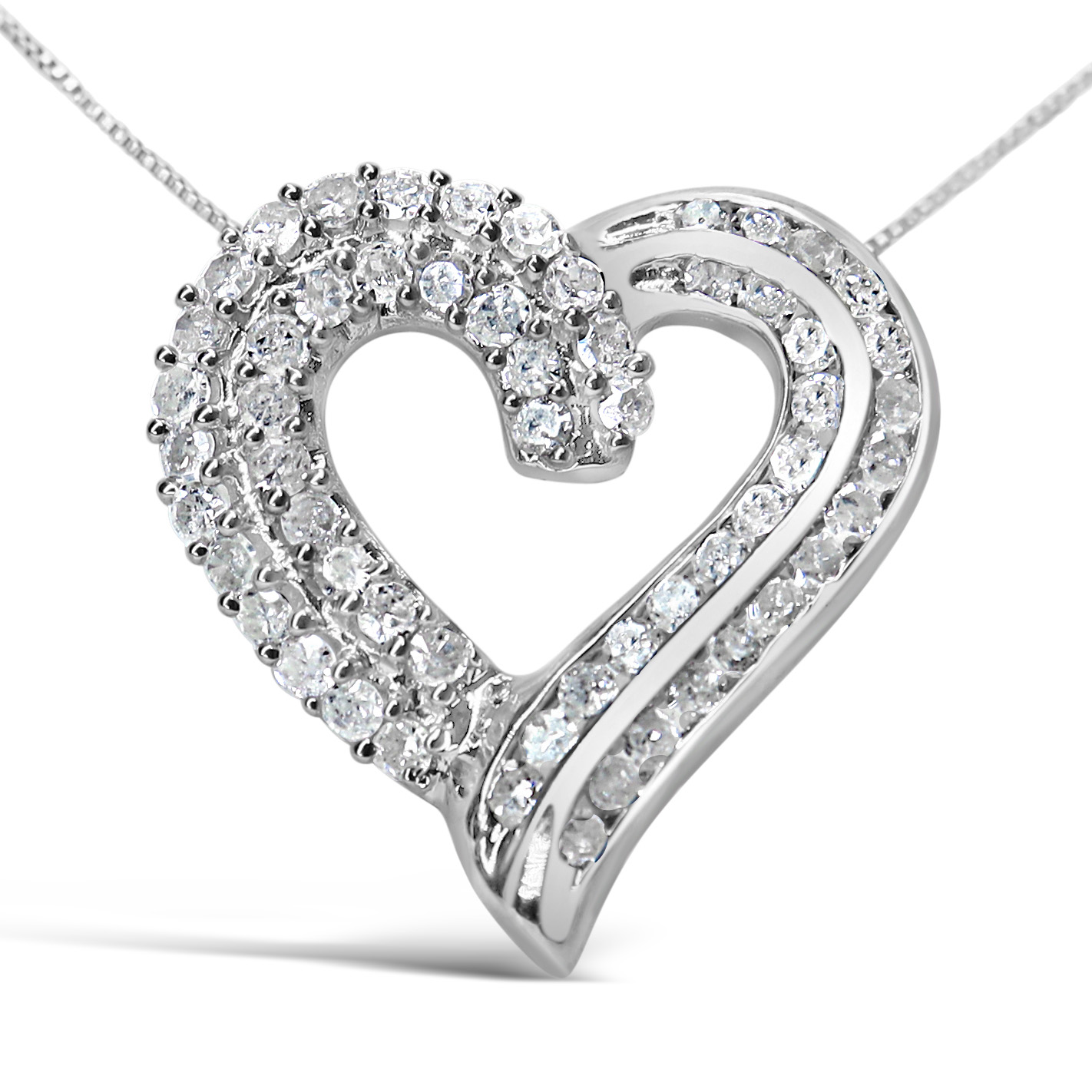 .925 Sterling Silver 1.0 Cttw Prong  Channel-Set Diamond Open work Ribbon Heart Pendant 18" Necklace (I-J Color, I3 Clarity)