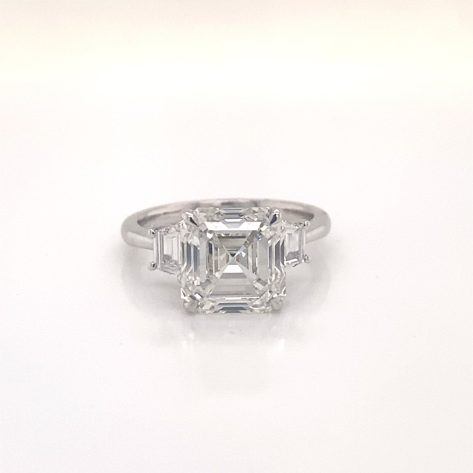 5 Carat Asscher Cut Lab Grown Diamond Engagement Ring Three Stones IGI Certified