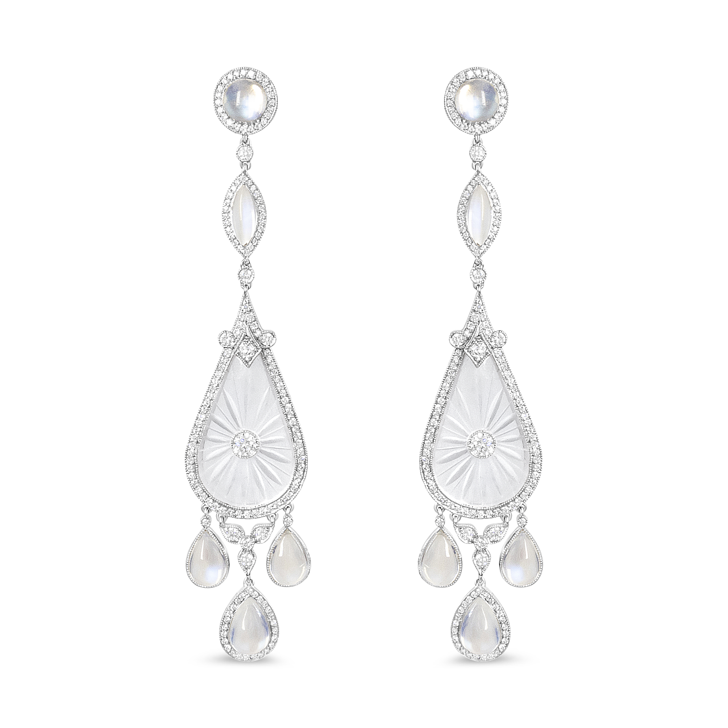 Platinum 1 5/8 Cttw Round Diamond, Moon Stone, and Hand-Carved Rock Crystal Dangle Drop Earrings (VVS2-VS1 Clarity, F-G Color)