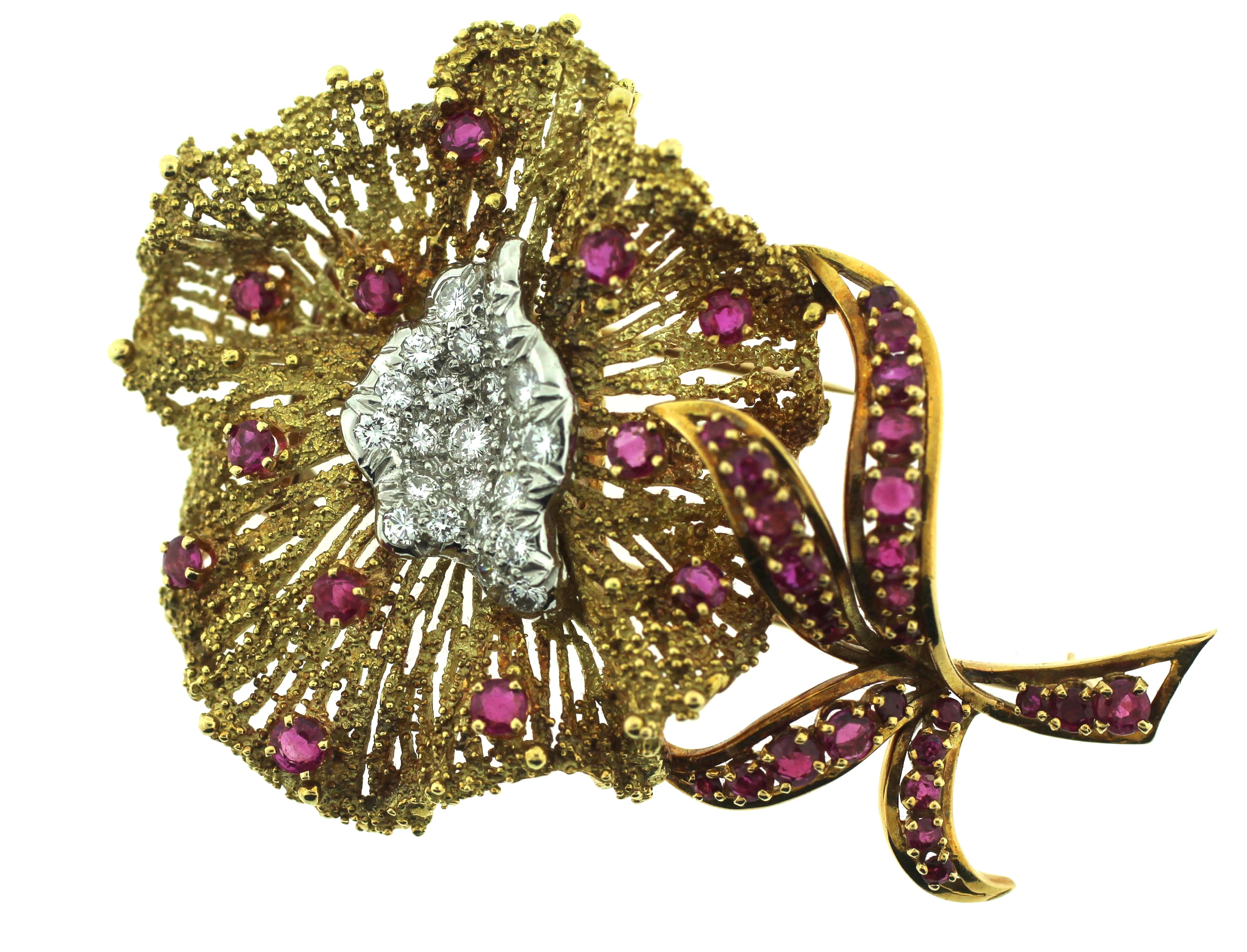 18K Yellow Gold with 1.5ctw. Diamond and 3ctw. Ruby Flower Brooch