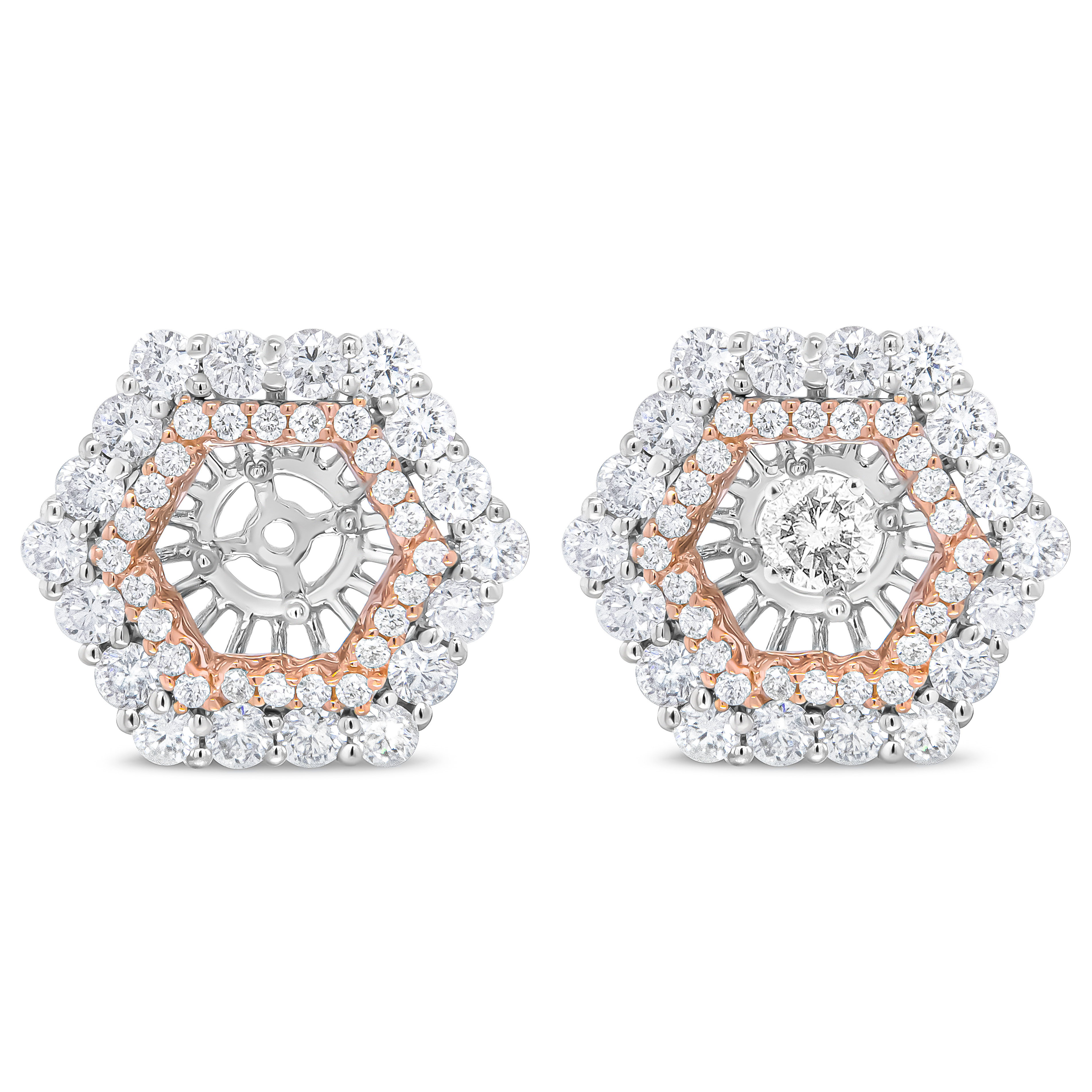 True 14K Rose and White Gold 1 7/8 Cttw Round Diamond Double Halo Earring Jacket for 6mm Round Studs (G-H Color, VS2-SI1 Clarity)