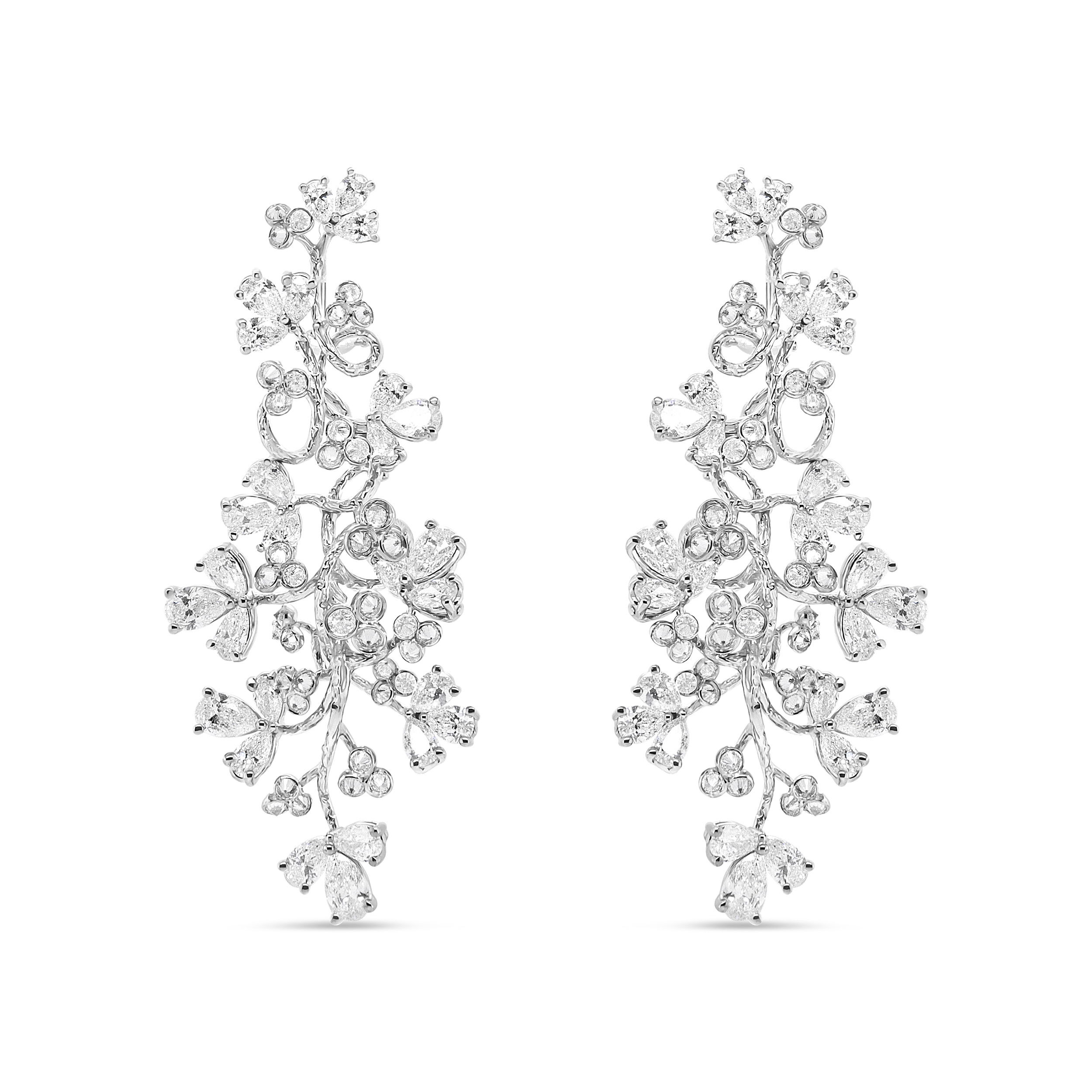 18K White Gold 10 Cttw Round and Pear-Shaped Floral Diamond Dangle Drop Earring (F-G Color, VS1-VS2 Clarity)