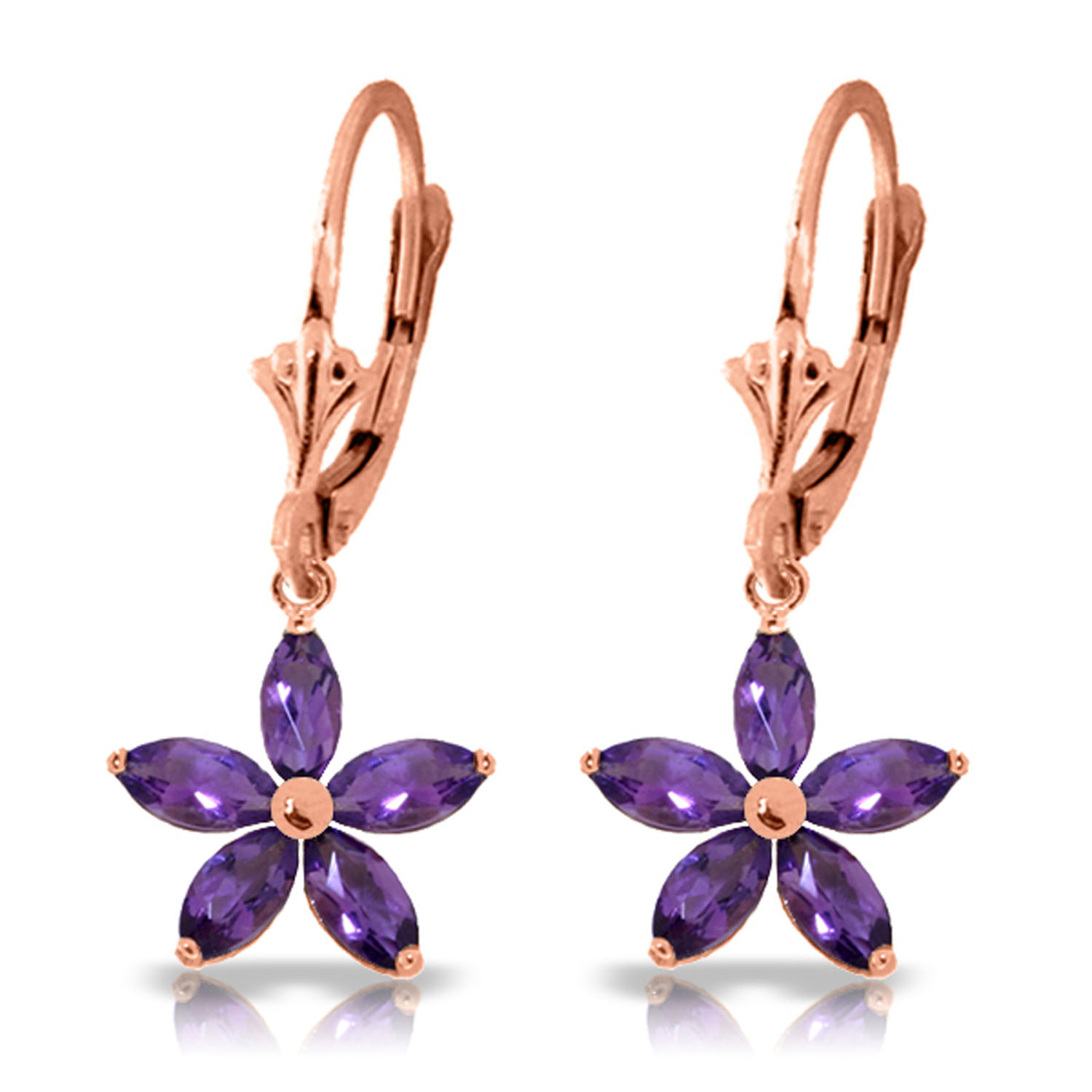 2.8 CTW 14K Solid Rose Gold Leverback Earrings Natural Amethyst