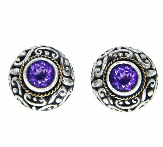 925 Sterling Silver 18k Gold Amethyst Scroll Swirl Bali Stud Earring » E214