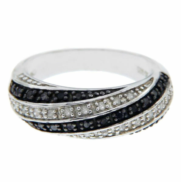 Solid Sterling Silver White  Black Diamond Band Ring