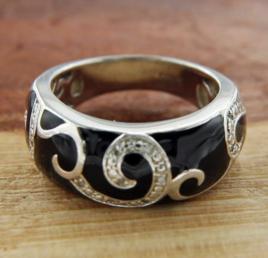 Solid Sterling Silver Enamel Diamond Cluster Band Ring