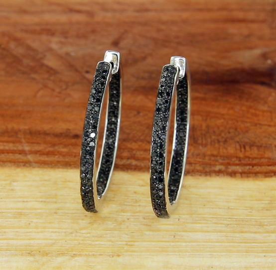 925 sterling Silver All Around Inside Black 0.75 CT Diamond Hoop Earring