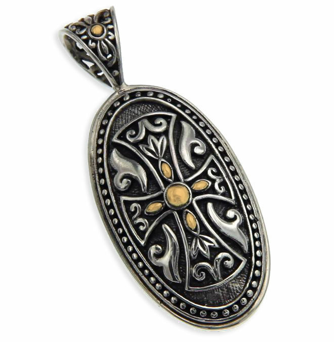 Solid Sterling Silver  14 K Gold Bali Cross Pendant