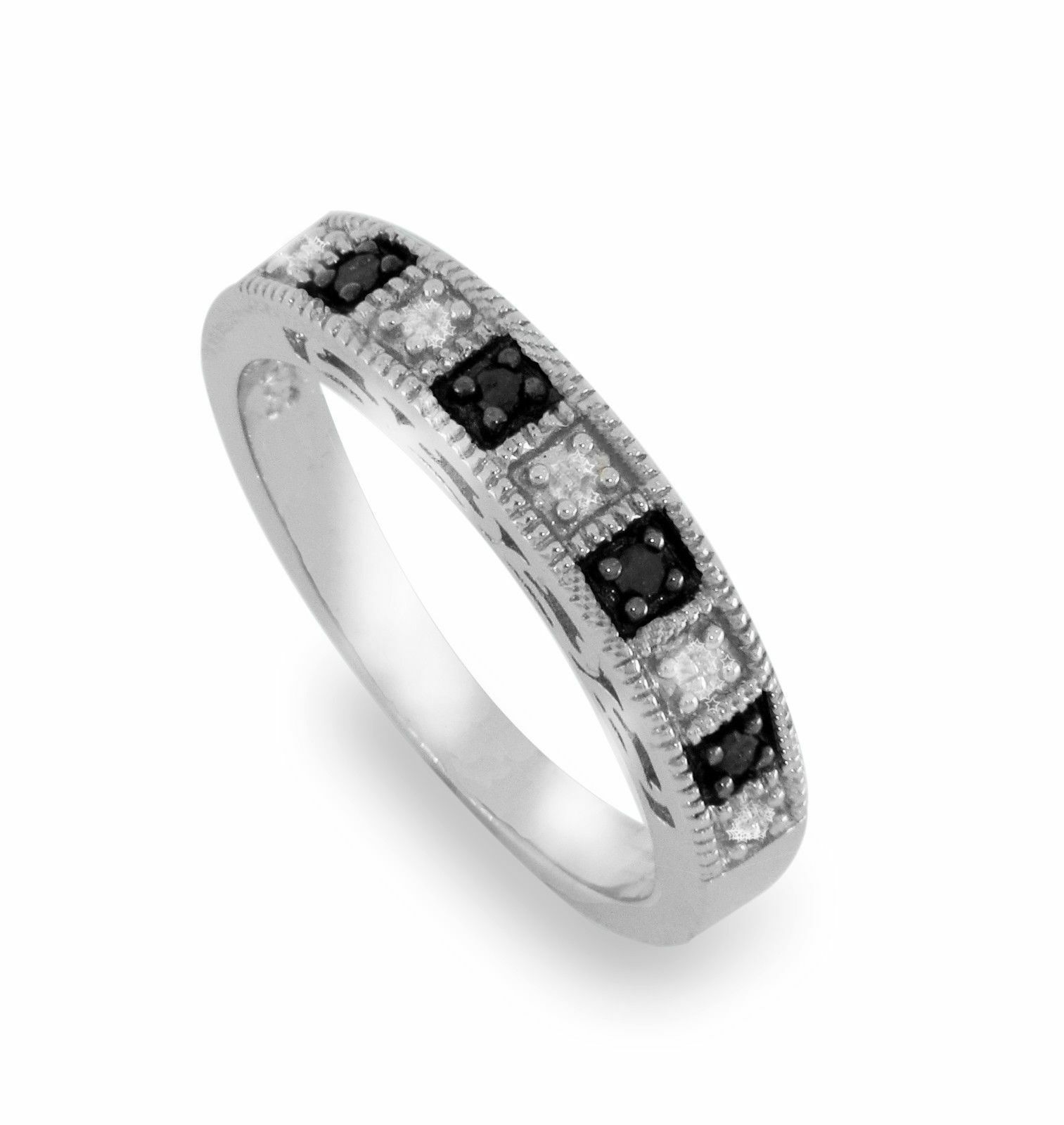 Solid Sterling Silver Black  White Diamond Band Ring