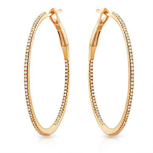 ▌18K Yellow Gold  0.36 CT Front and Back Diamonds 1.25" Hoop Earrings