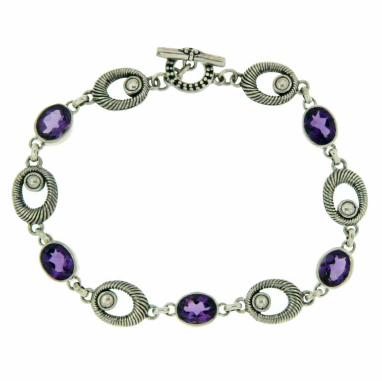 ¦Handmade 925 Sterling Silver Bali Oval Amethyst Bracelet Size