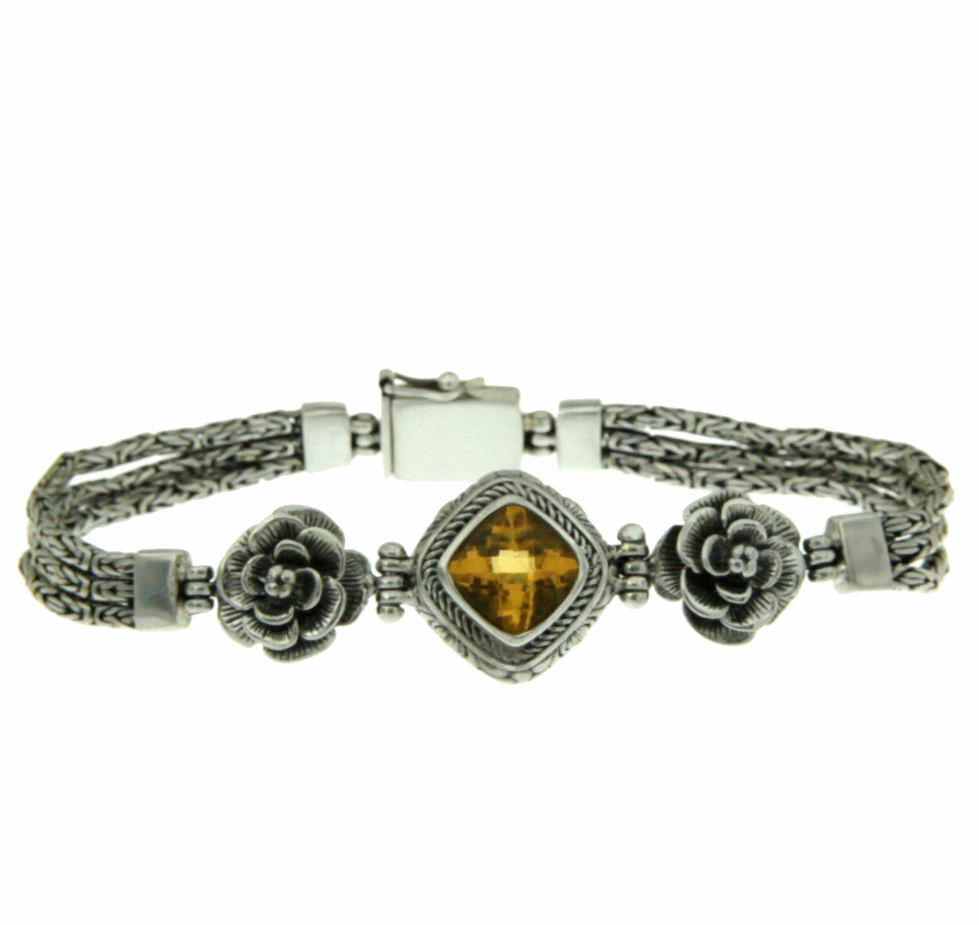 ¦Handmade 925 Sterling Silver Bali Citrine Flower Bracelet Size