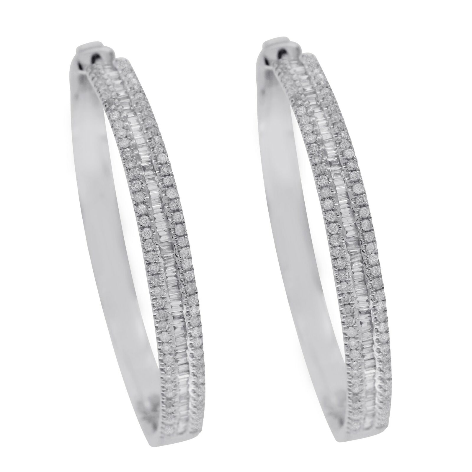 ▌18K White Gold 1.07CT Baguette  Round Diamonds 1.35" Hoop Earrings