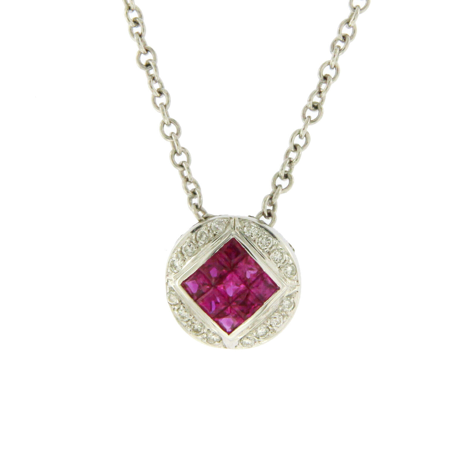 Luxo Jewelry 0.68 CT Natural Ruby & 0.10 CT Diamonds in 14K White Gold Round Necklace 16"