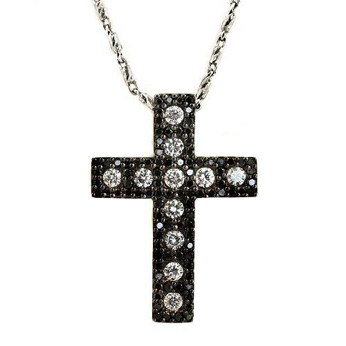 14K White Gold 1.15 CT White  Black Diamonds Cross Necklace Size
