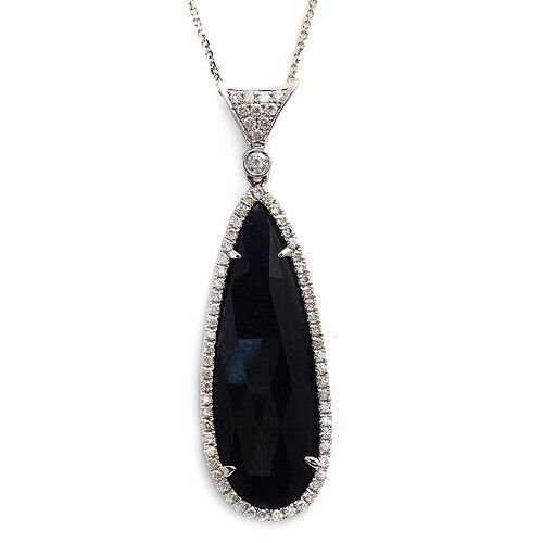 Rose Cut Sliced 26 CT Blue Sapphire 0.58 CT Diamonds 14K White Gold Necklace