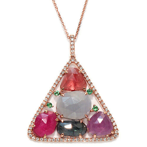 Sliced 9.18 CT Multi Sapphire 0.44 CT Diamonds 14K Rose Gold Triangle Necklace