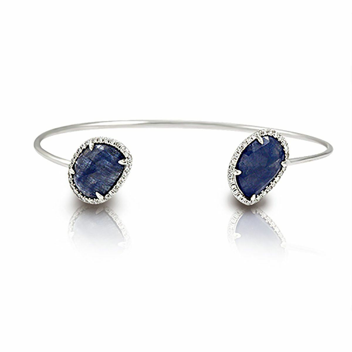 luxo jewelry Sliced 5.78 CT Natural Blue Sapphire 0.35 CT Diamonds 14K White Gold Bangle