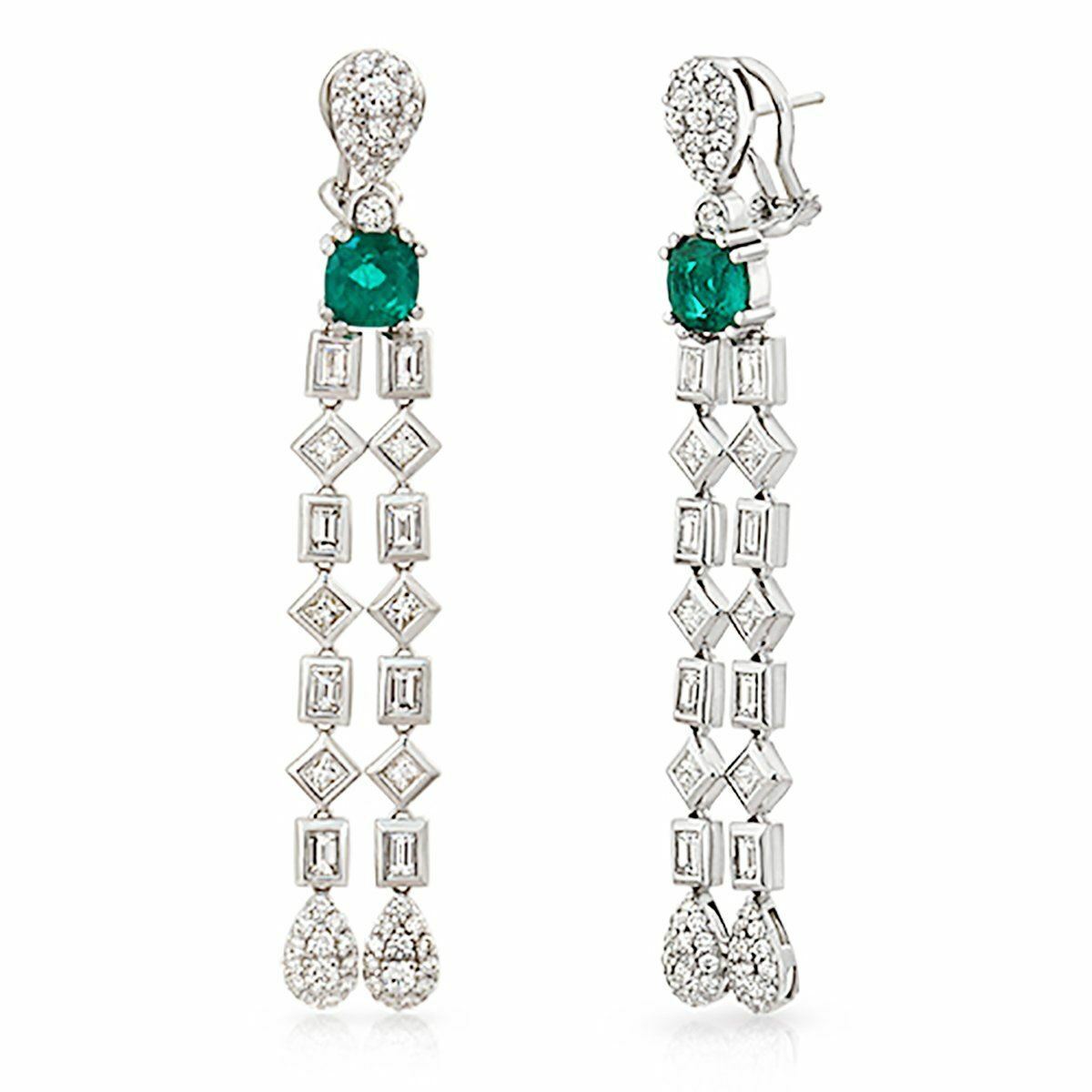 Luxo Jewelry CT Natural Emerald & 3.95 CT Diamonds in 18K White Gold Drop Earrings