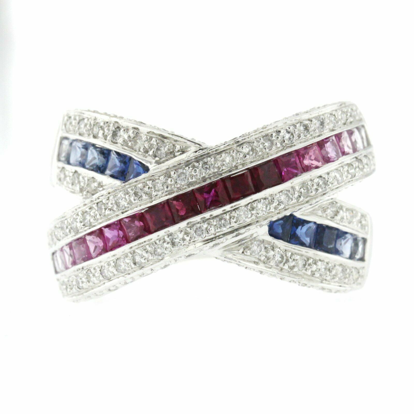 1.55 CT Multi Sapphires  0.50 CT Diamonds in 18K Gold X Wedding Band Ring