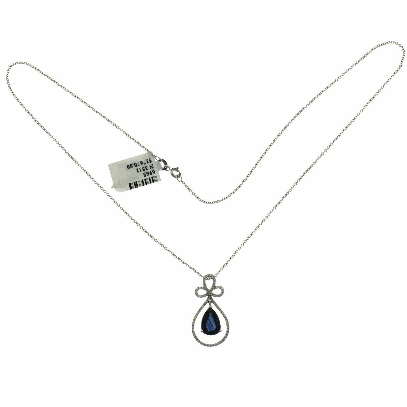 0.30 CT Diamonds 2.99 CT Blue Sapphire 14K White Gold Drop Necklace 18"