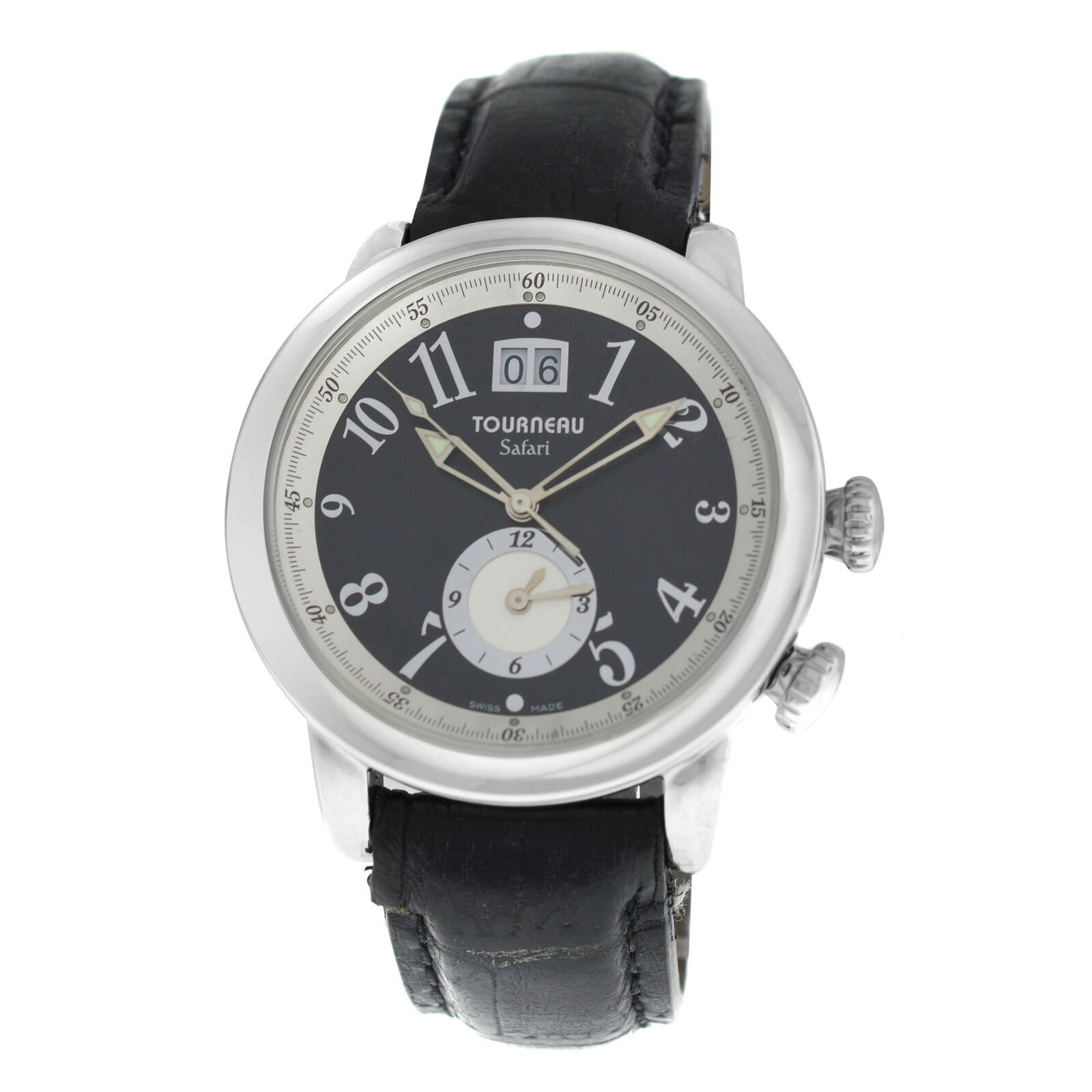 Authentic Mens Tourneau Safari S35010 Dual Time Zone 43MM Quartz Date Watch