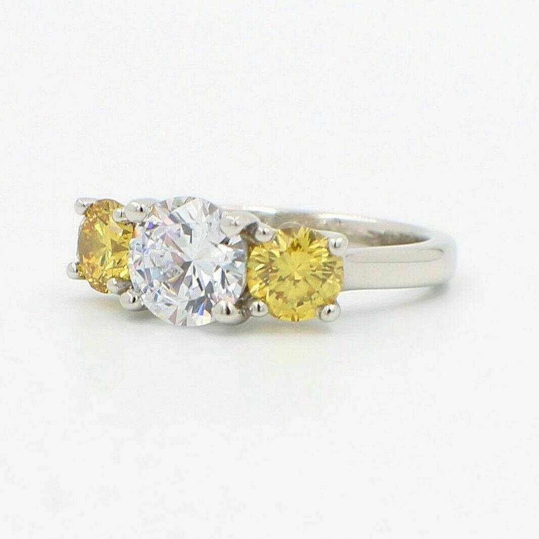 Fancy Vivid Yellow Round Diamond 3 Stone Semi Mount Engagement Ring 
