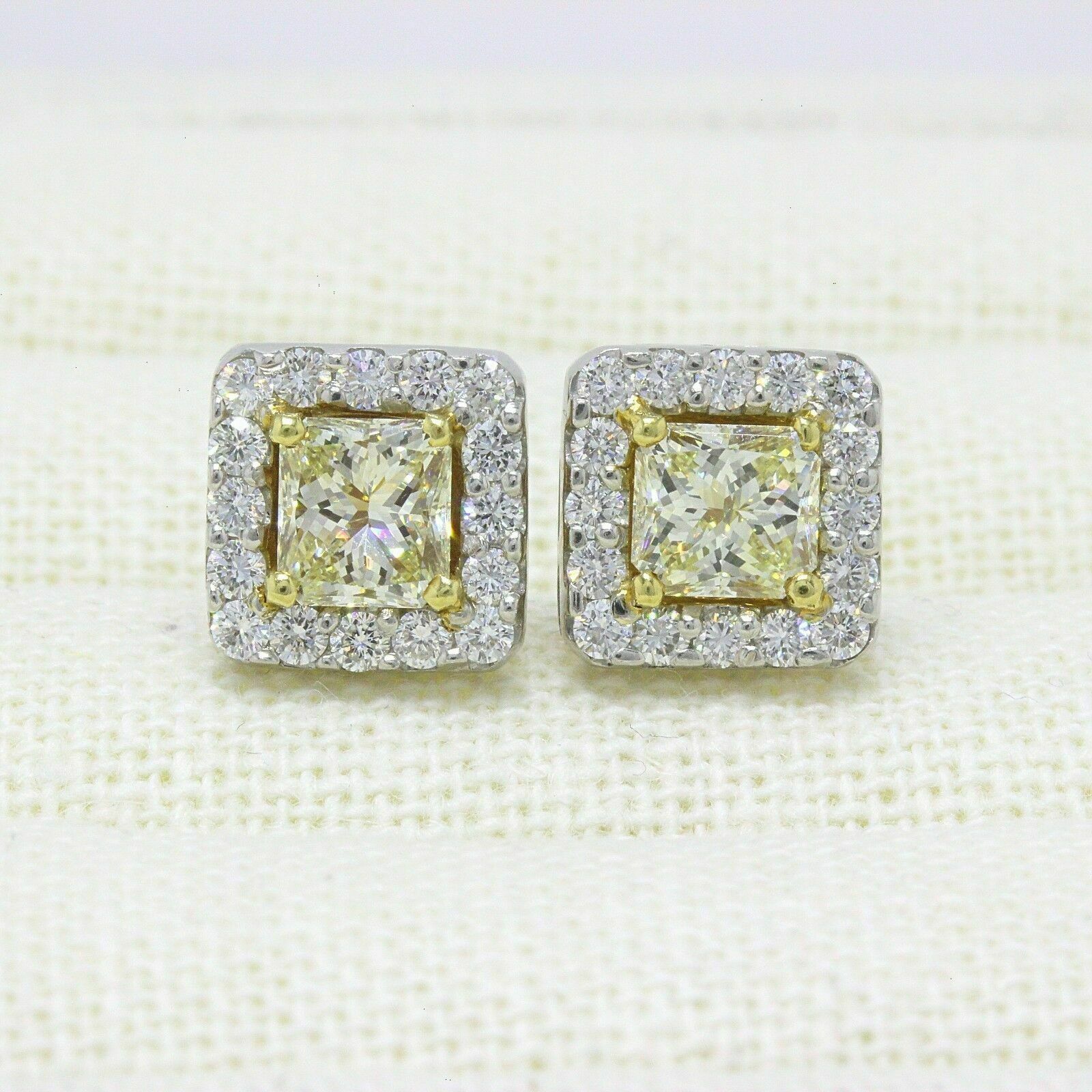 Light Yellow Princess Halo Diamond Earrings 3.96 tcw 18k White Yellow Gold 25K