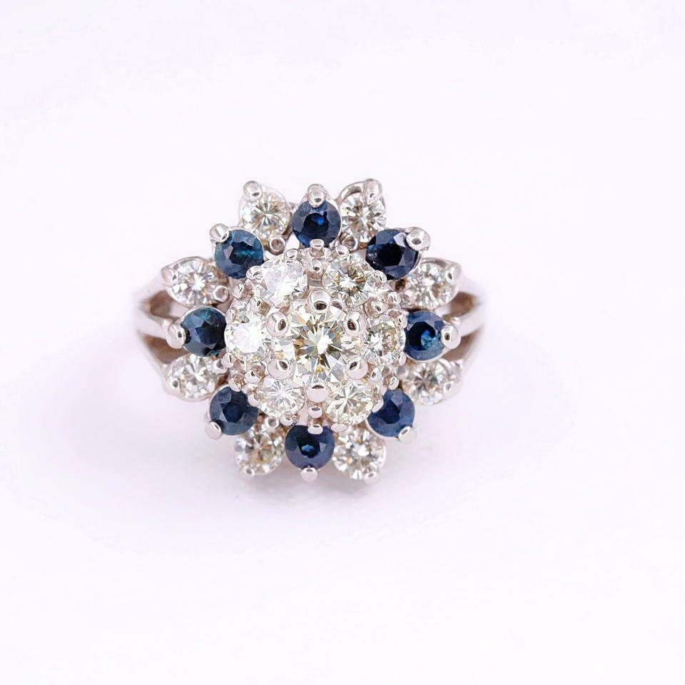 Round Brilliant Diamond  Sapphire Princess Style Flower Cocktail Ring 14kt WG 